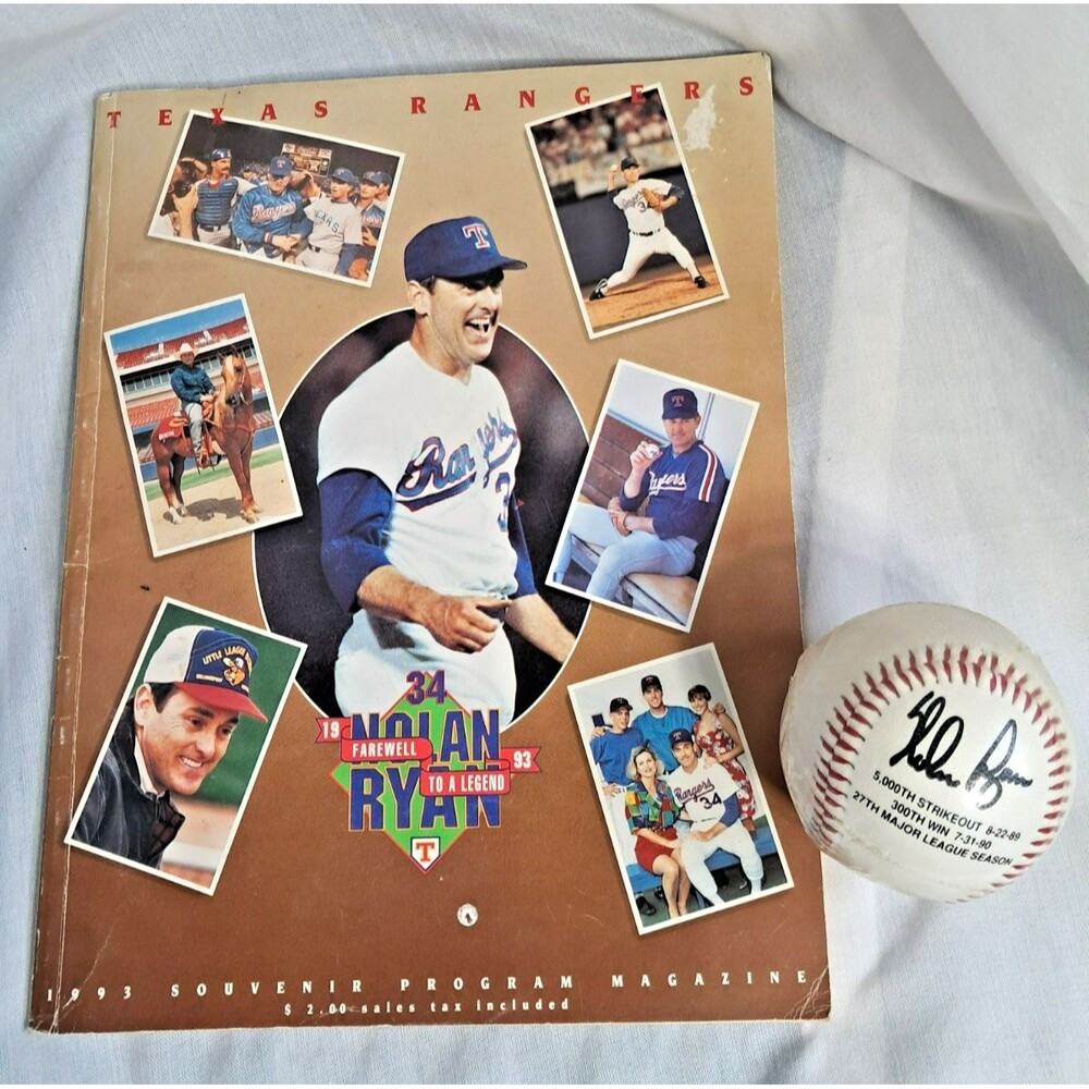 1993 Vintage Nolan Ryan Texas Rangers Official Program 300 Win Replica Ball Set